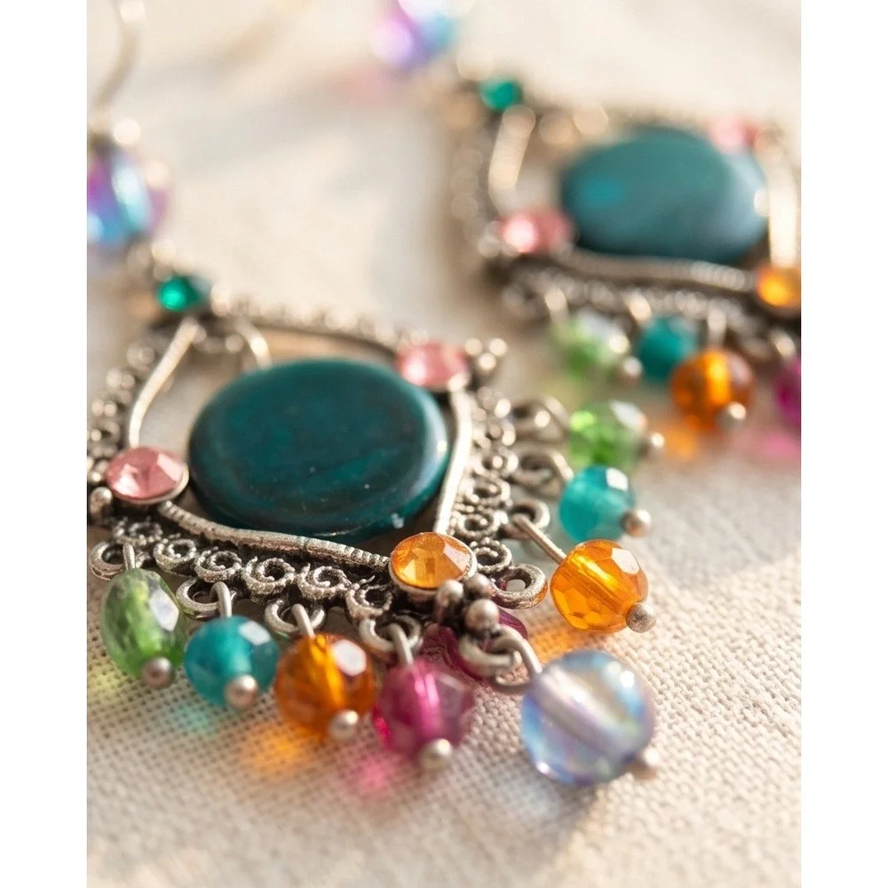 Boho Chic Dangle Earrings‎ Silver Tone Colorful Bead Statement Jewelry